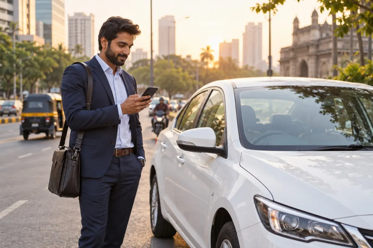 A traveller booking a car on his phone beside the road